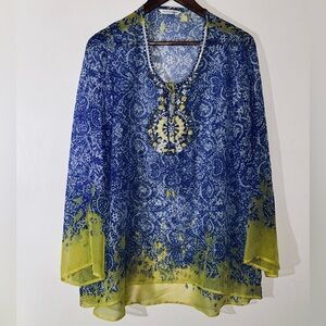 Soft Surroundings Beaded Batik Tunic Top - Blue & Yellow Sheer Chiffon SIZE XL